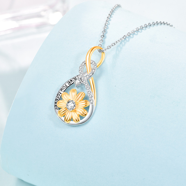 Sterling Silver Circular Shaped Cubic Zirconia Sunflower & Infinity Symbol Pendant Necklace with Engraved Word-3