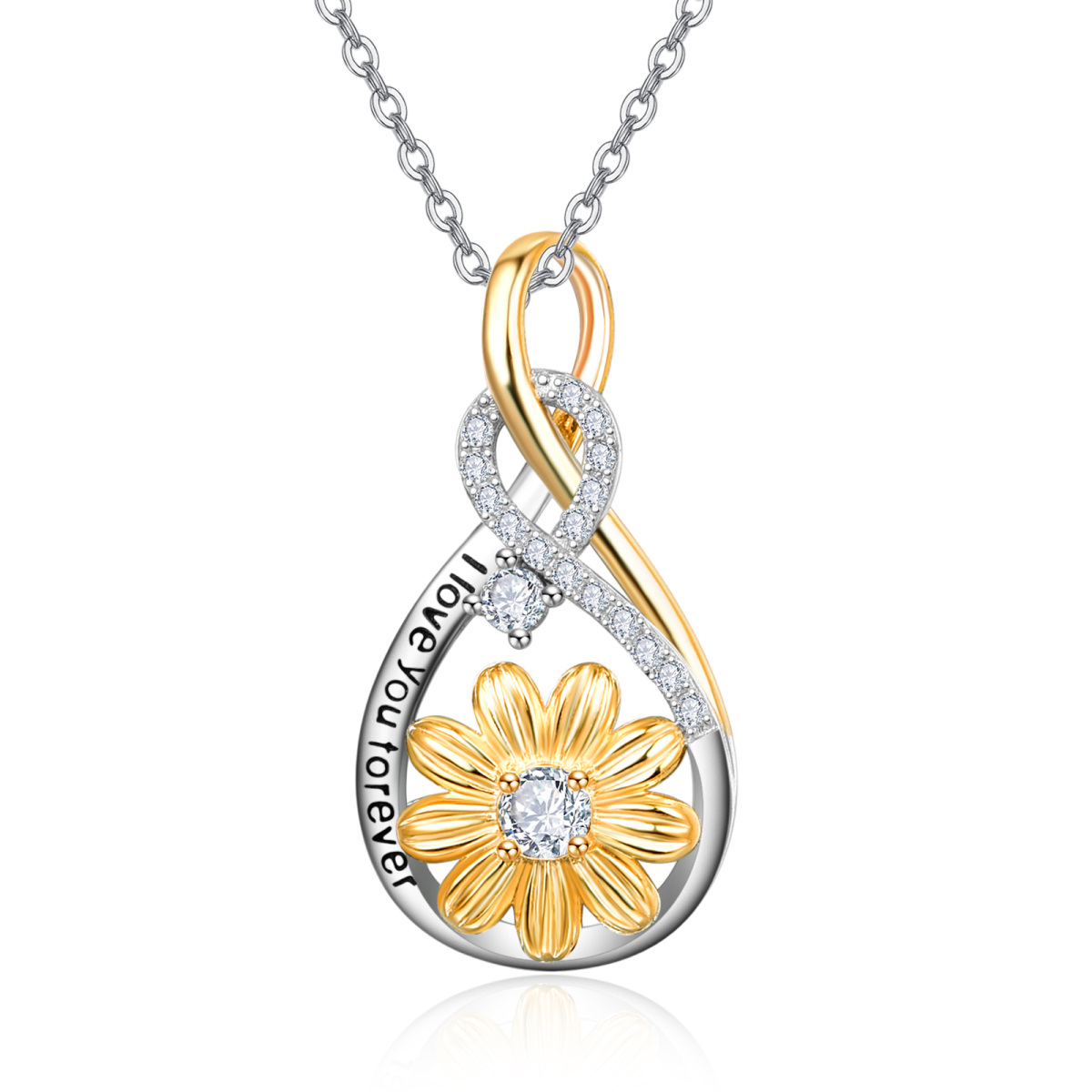 Halskette mit kreisförmigem Anhänger aus Sterlingsilber mit Sonnenblume und Unendlichkeitssymbol und eingraviertem Wort-1