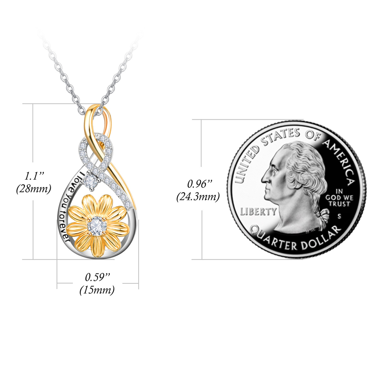 Sterling Silver Circular Shaped Cubic Zirconia Sunflower & Infinity Symbol Pendant Necklace with Engraved Word-6