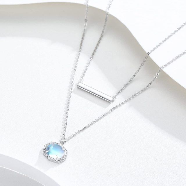 Plata de ley Moonstone Bar & Oval Shaped Layered Necklace-3