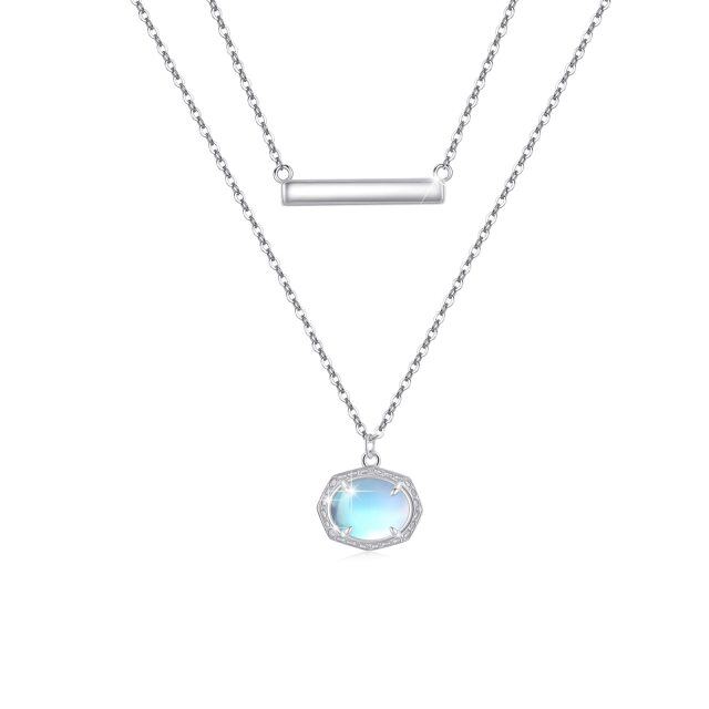 Sterling Silver Moonstone Bar & Oval Shaped Layered Necklace-0