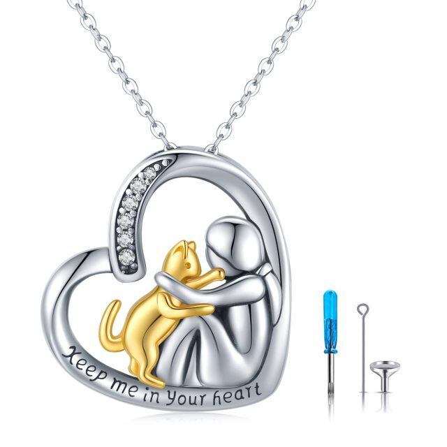 Sterling Silver Two-tone Cubic Zirconia Cat & Heart Urn Necklace for Ashes with Engraved Word-1