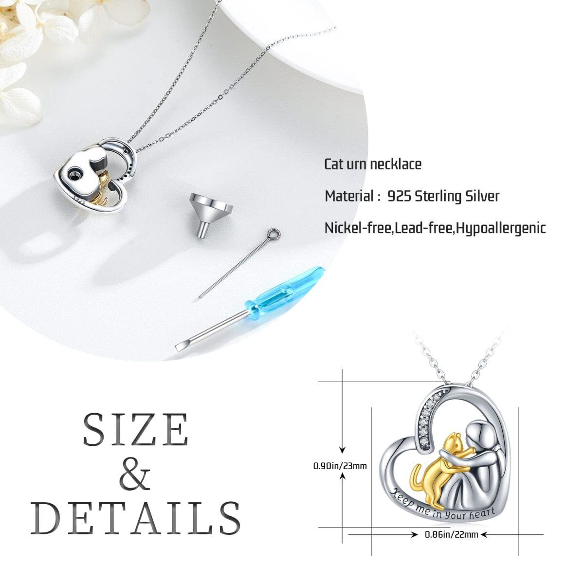 Sterling Silver Two-tone Cubic Zirconia Cat & Heart Urn Necklace for Ashes with Engraved Word-7