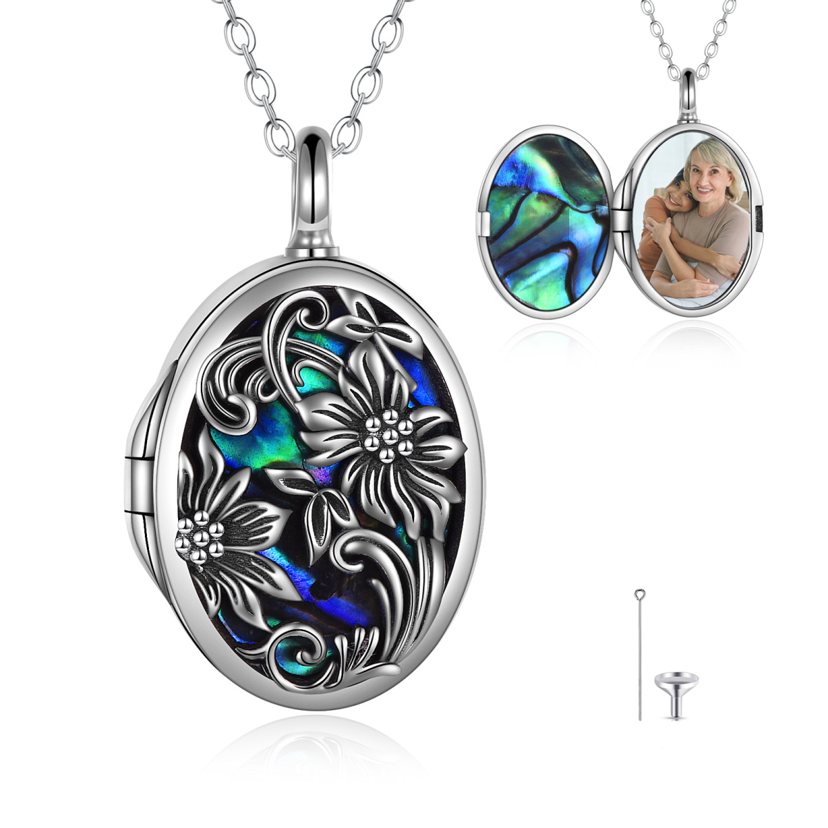 Sterling Silver Oval Shaped Abalone Shellfish Sunflower Urn Necklace for Ashes with Engraved Word-1