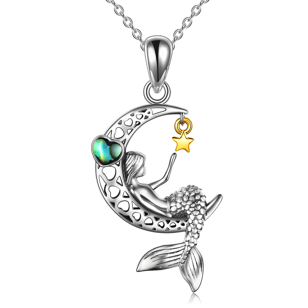Sterling Silver Two-tone Heart Shaped Abalone Shellfish Heart & Mermaid & Moon & Star Pendant Necklace-1