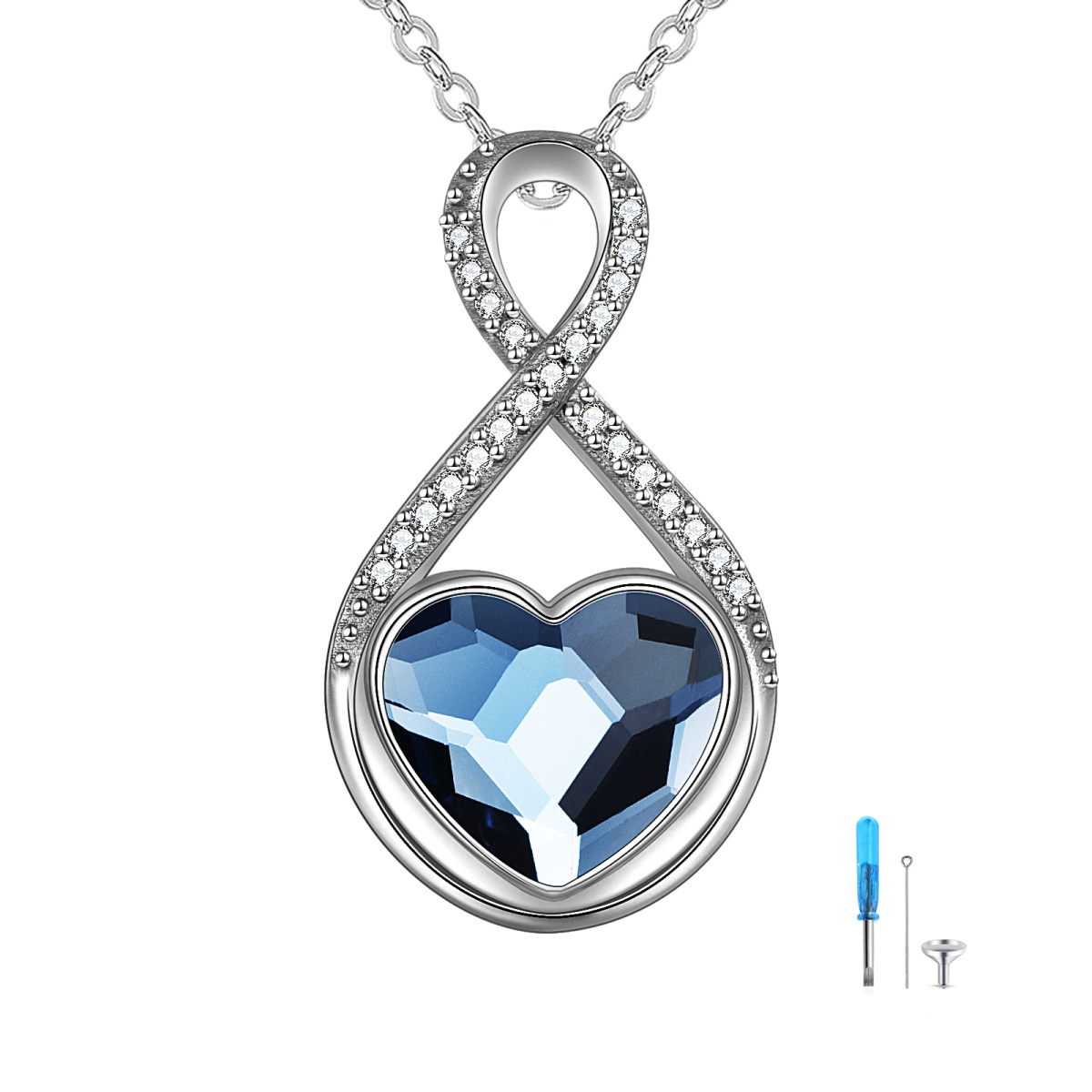 Sterling Silver Heart Shaped Crystal Infinite Symbol Urn Necklace for Ashes with Engraved Word-1