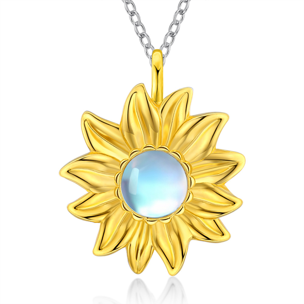 Sterling Silver with Yellow Gold Plated Circular Shaped Moonstone Sunflower Pendant Necklace-1