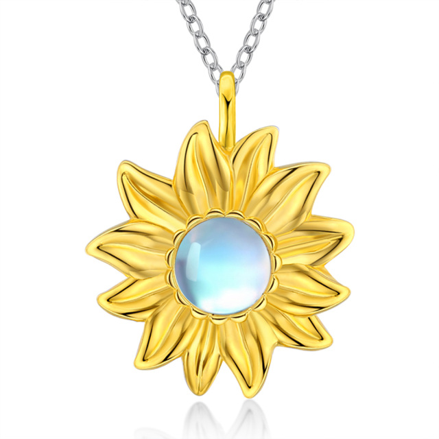 Sterling Silver with Yellow Gold Plated Circular Shaped Moonstone Sunflower Pendant Necklace-0