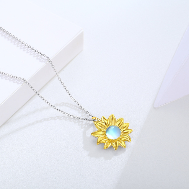 Sterling Silver with Yellow Gold Plated Circular Shaped Moonstone Sunflower Pendant Necklace-4