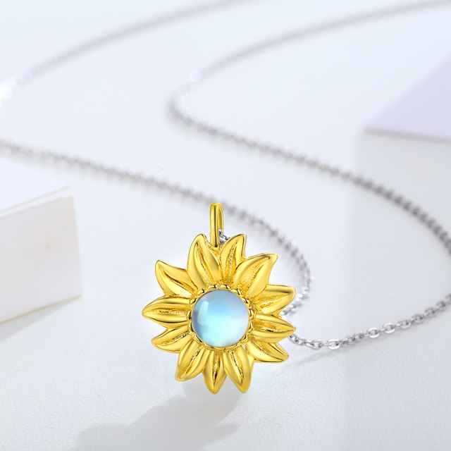 Sterling Silver with Yellow Gold Plated Circular Shaped Moonstone Sunflower Pendant Necklace-4