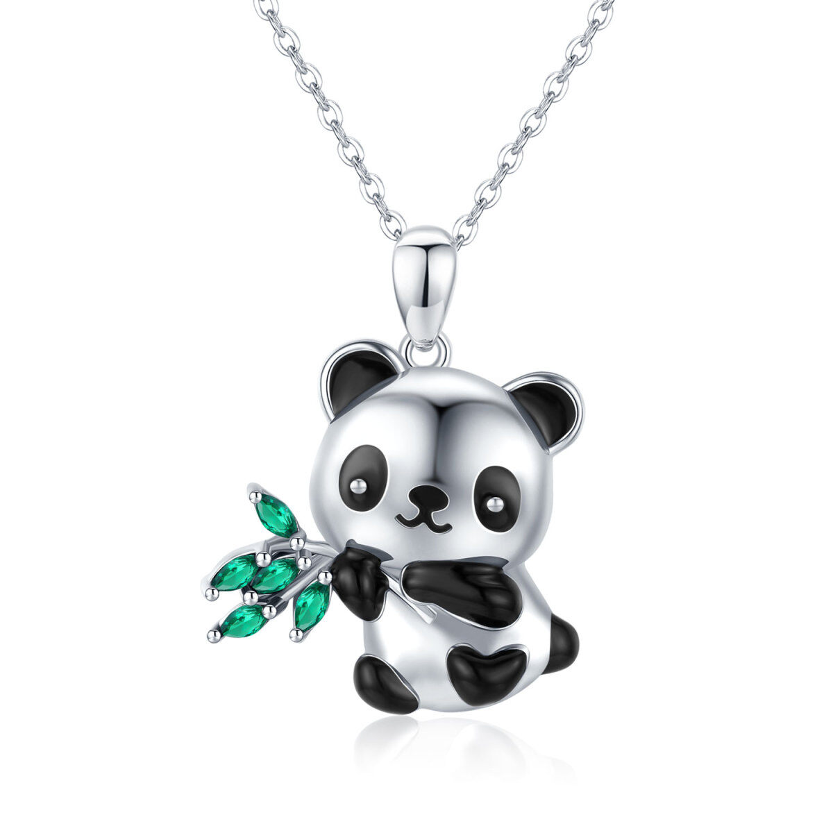 Sterling Silber Cubic Zirkonia Panda & Bambus-Anhänger Halskette-1