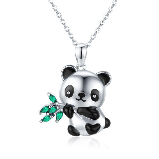 Sterling Silver Cubic Zirconia Panda & Bamboo Pendant Necklace-0