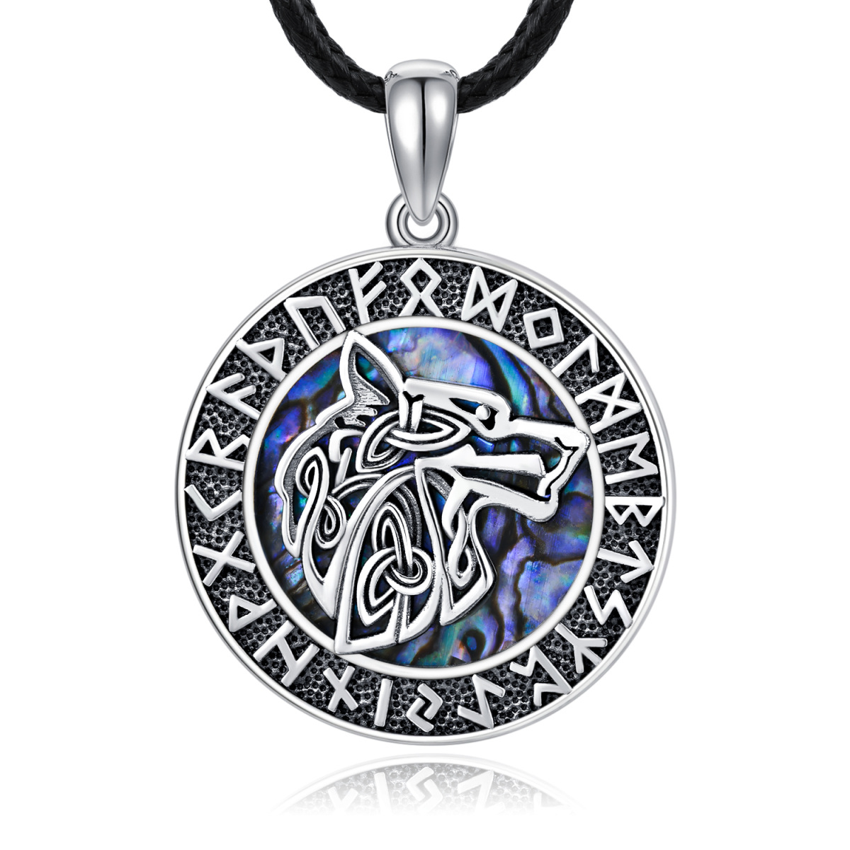 Sterling Silver Abalone Shellfish Wolf & Viking Rune Pendant Necklace for Men-1