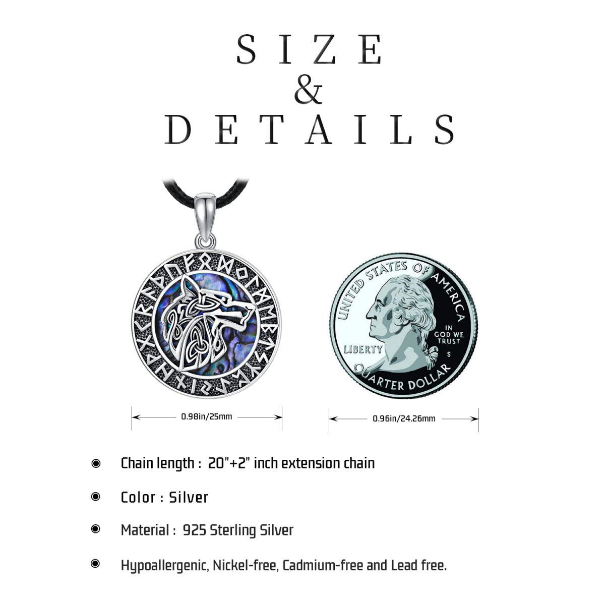 Sterling Silver Abalone Shellfish Wolf & Viking Rune Pendant Necklace for Men-6