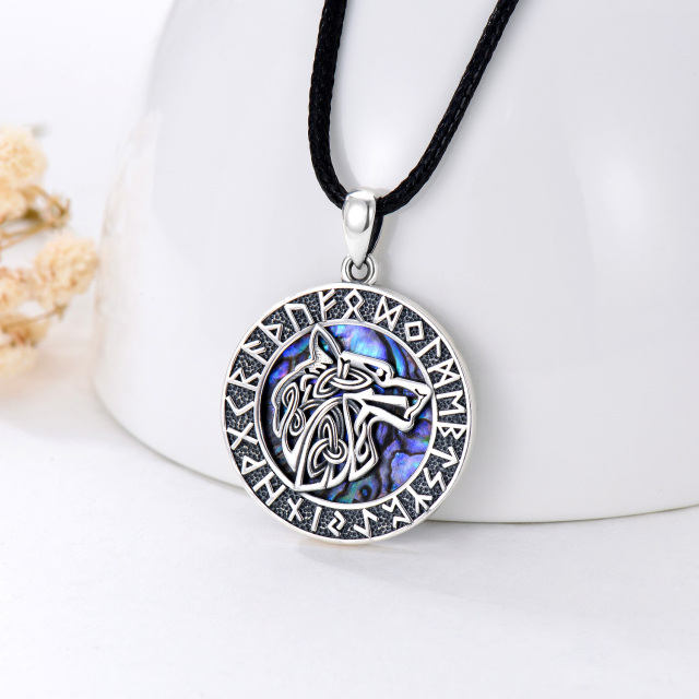 Sterling Silver Abalone Shellfish Wolf & Viking Rune Pendant Necklace for Men-4