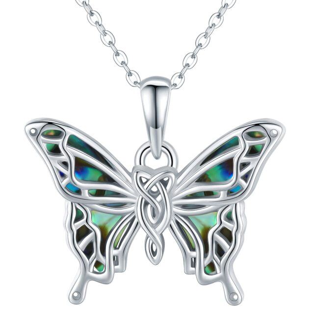 Sterling Silver Abalone Shellfish Butterfly and Celtic Knot Pendant Necklace-1