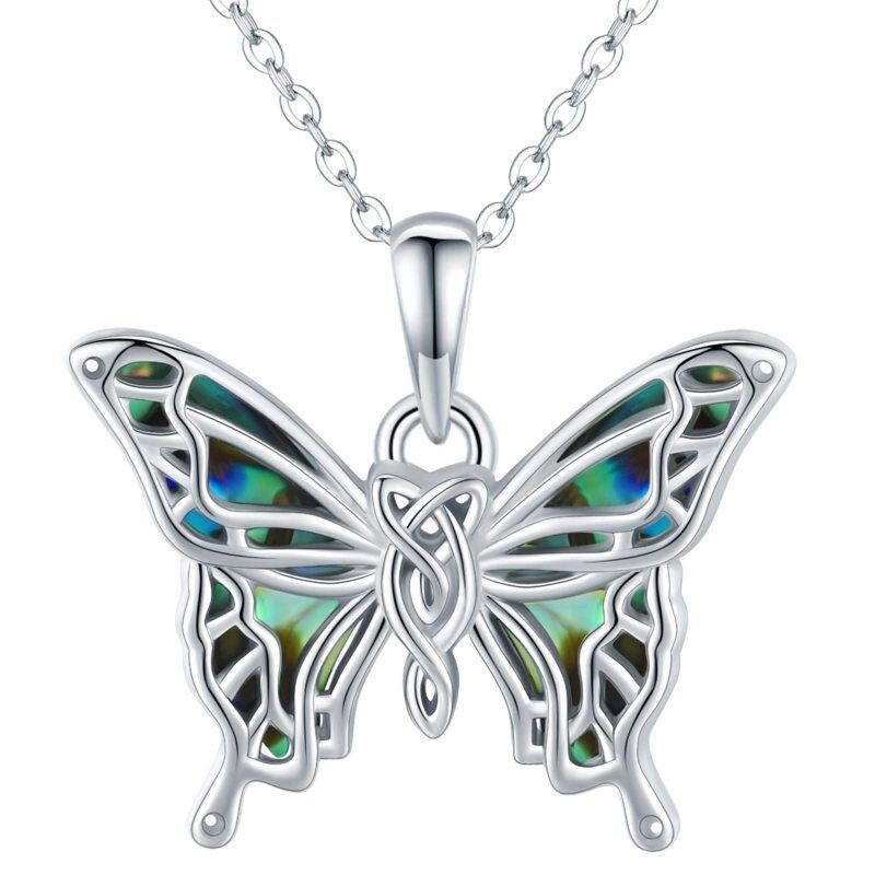 Sterling Silver Abalone Shellfish Butterfly and Celtic Knot Pendant Necklace