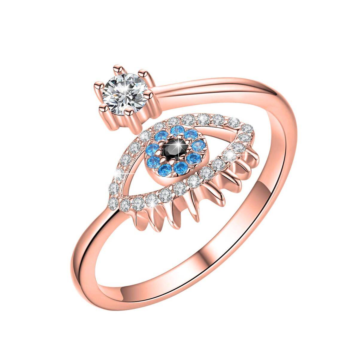 Sterling Silver with Rose Gold Plated Circular Shaped Cubic Zirconia Evil Eye Open Ring-1