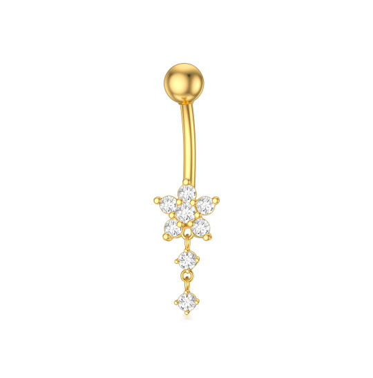 14K Gold Cubic Flower Shaped Zirconia Belly Button Ring