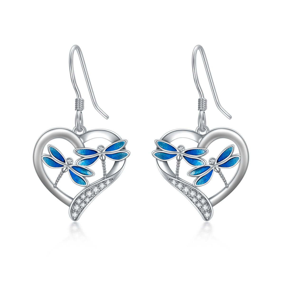 Sterling Silver Circular Shaped Cubic Zirconia Dragonfly & Heart Drop Earrings-1