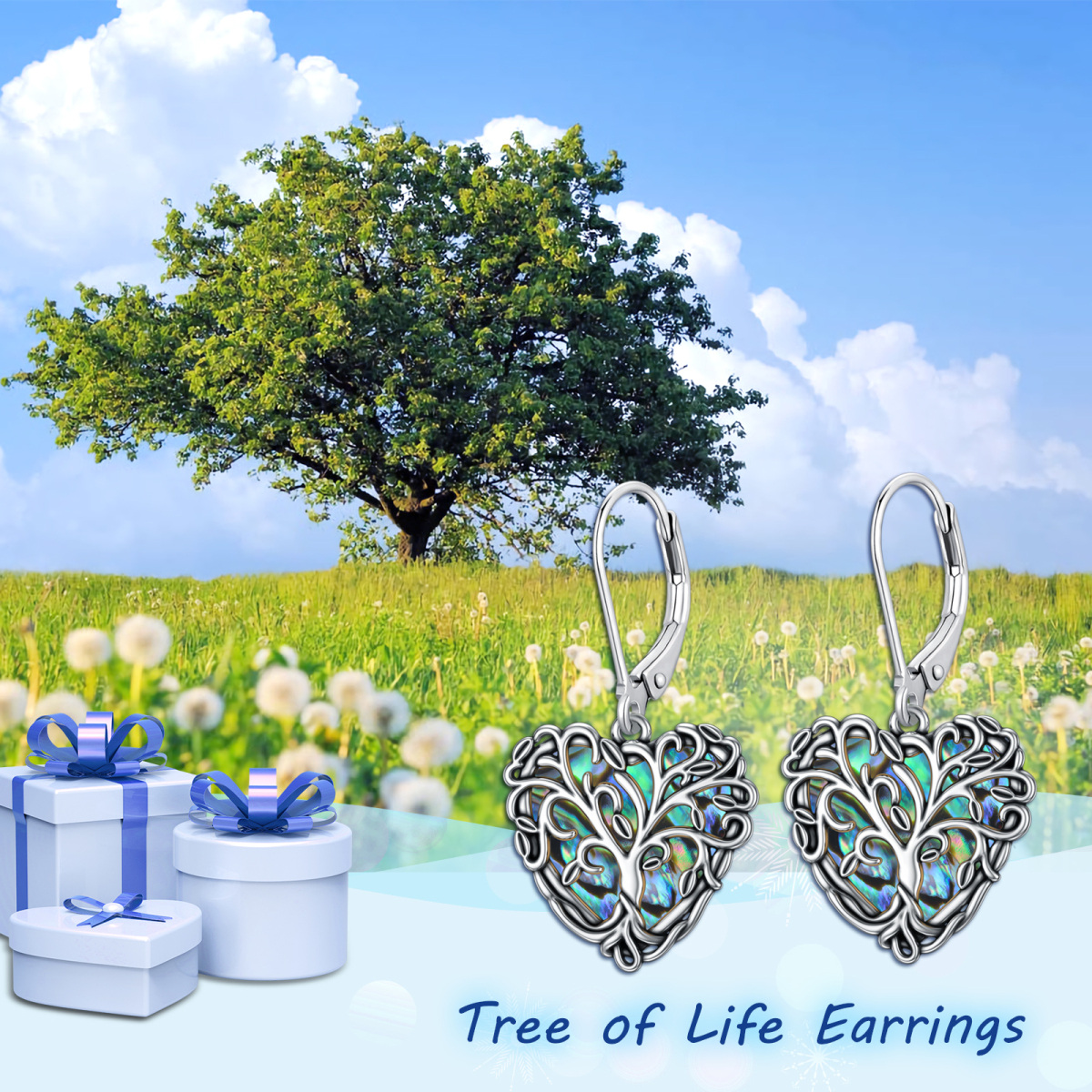 Boucles d'oreilles en argent sterling Abalone Shellfish Tree Of Life & Heart Drop Earrings-6