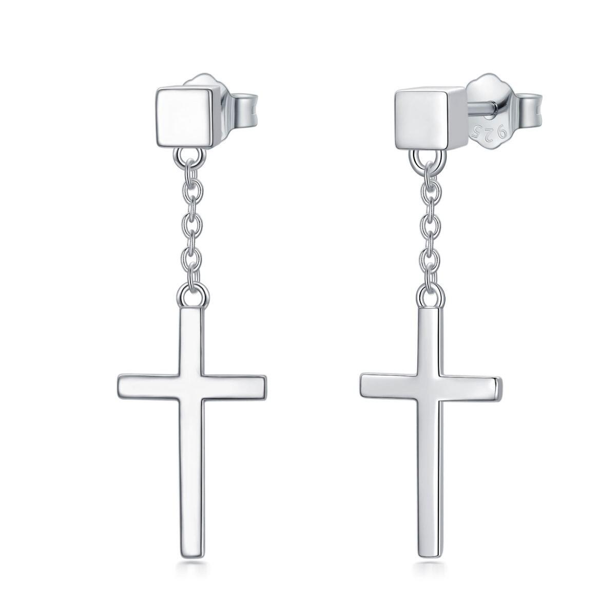 Sterling Silver Cross Drop Earrings-1