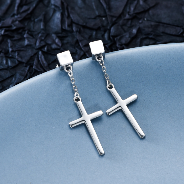 Sterling Silver Cross Drop Earrings-4