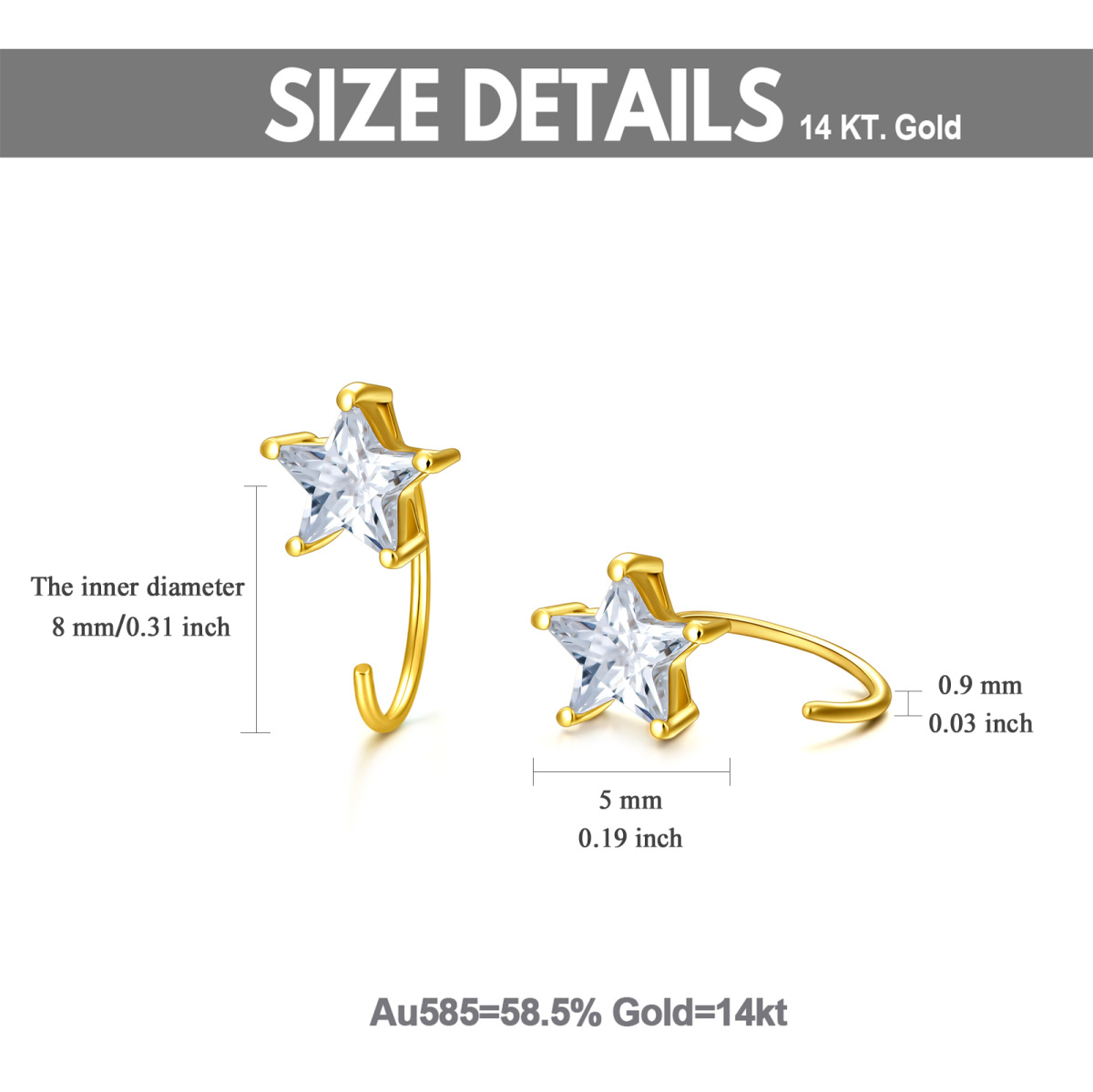 14K Gold Five-Pointed Star Shaped Cubic Zirconia Star Stud Earrings-5