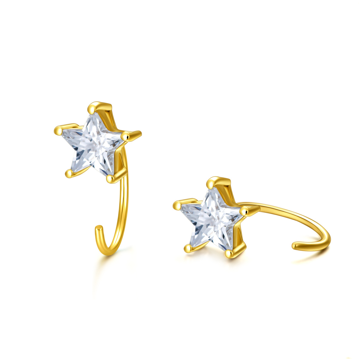 14K Gold Five-Pointed Star Shaped Cubic Zirconia Star Stud Earrings-1