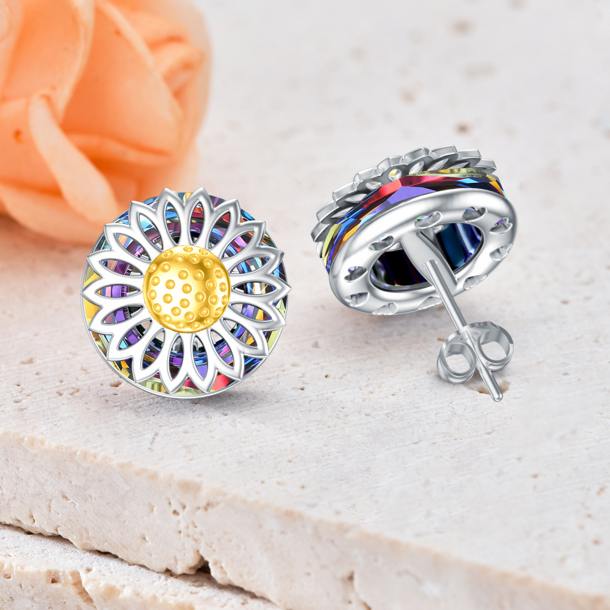 Sterling Silver Two-tone Circular Shaped Crystal Sunflower Stud Earrings-3