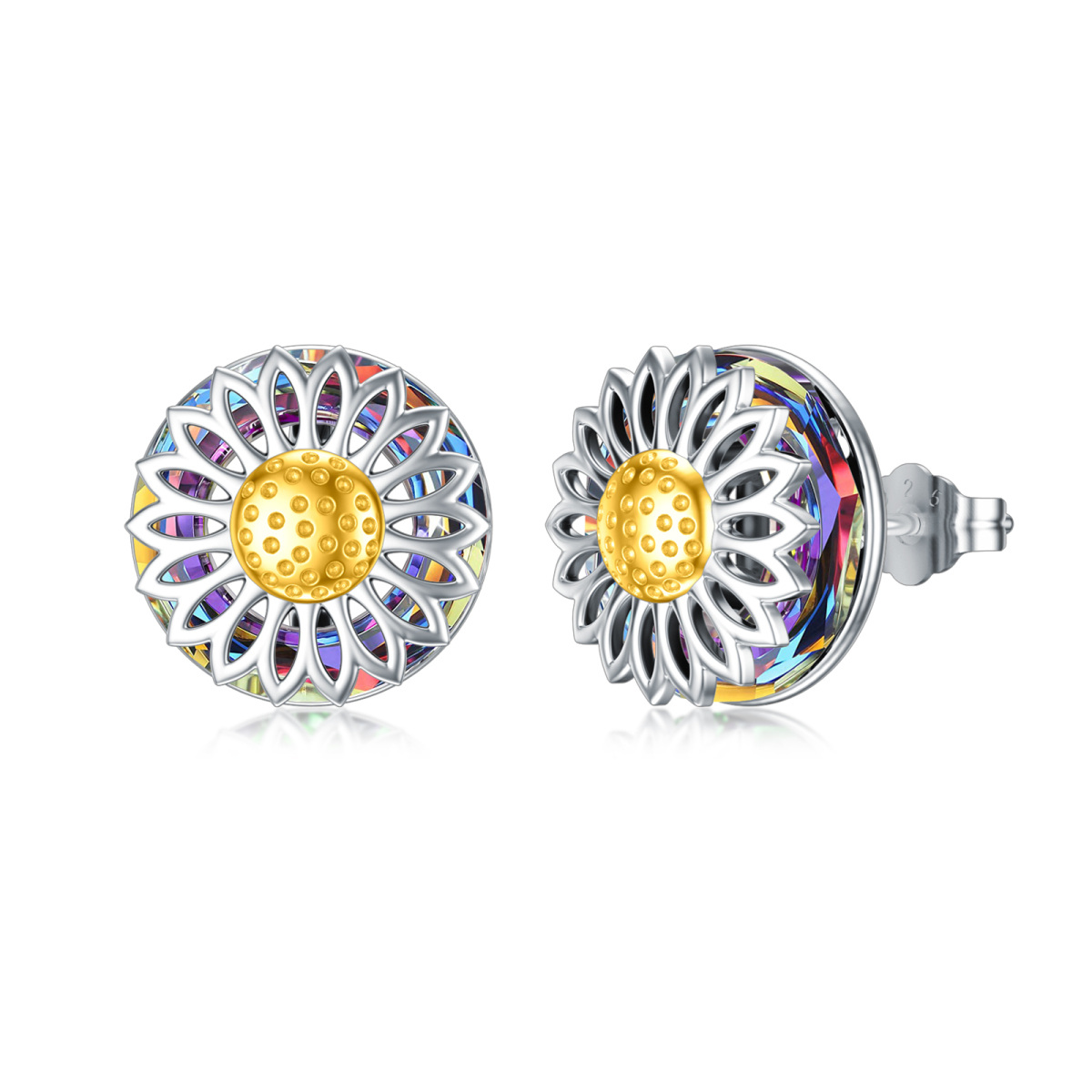 Sterling Silver Two-tone Circular Shaped Crystal Sunflower Stud Earrings-1