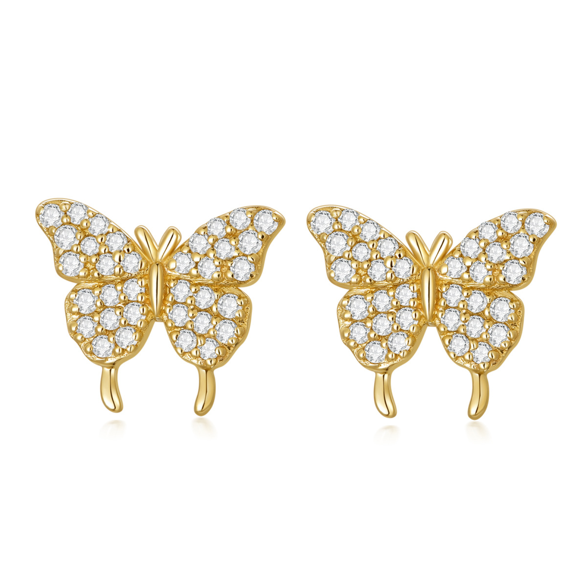 14K Gold Round Zircon Butterfly Stud Earrings-1