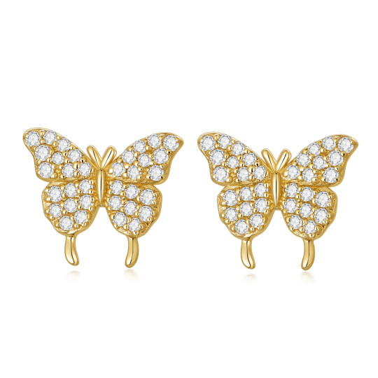 14K Gold Round Zircon Butterfly Stud Earrings