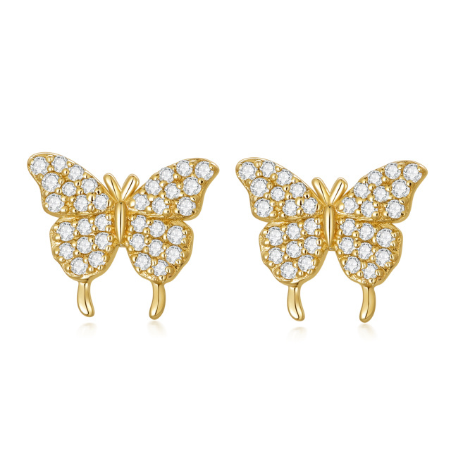 14K Gold Round Zircon Butterfly Stud Earrings-0