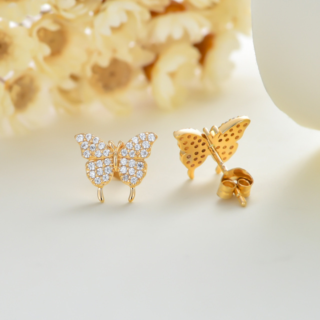 14K Gold Round Zircon Butterfly Stud Earrings-3