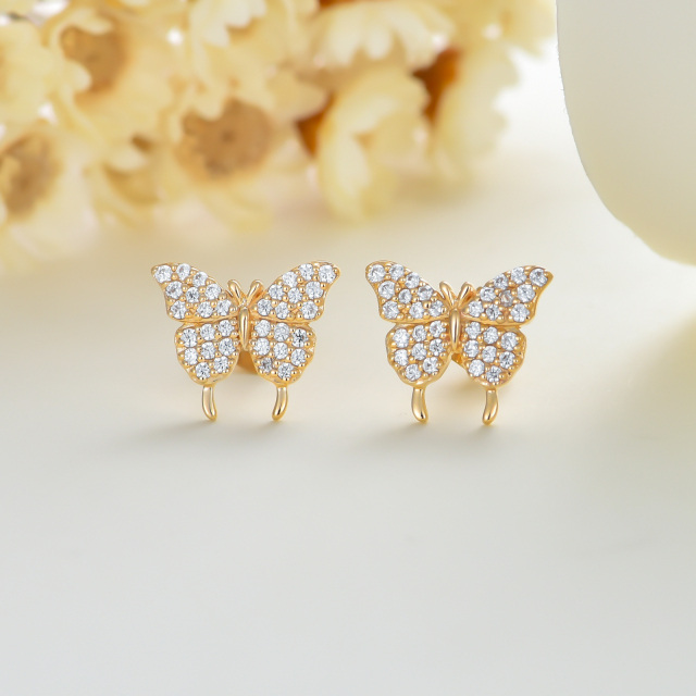 14K Gold Round Zircon Butterfly Stud Earrings-2
