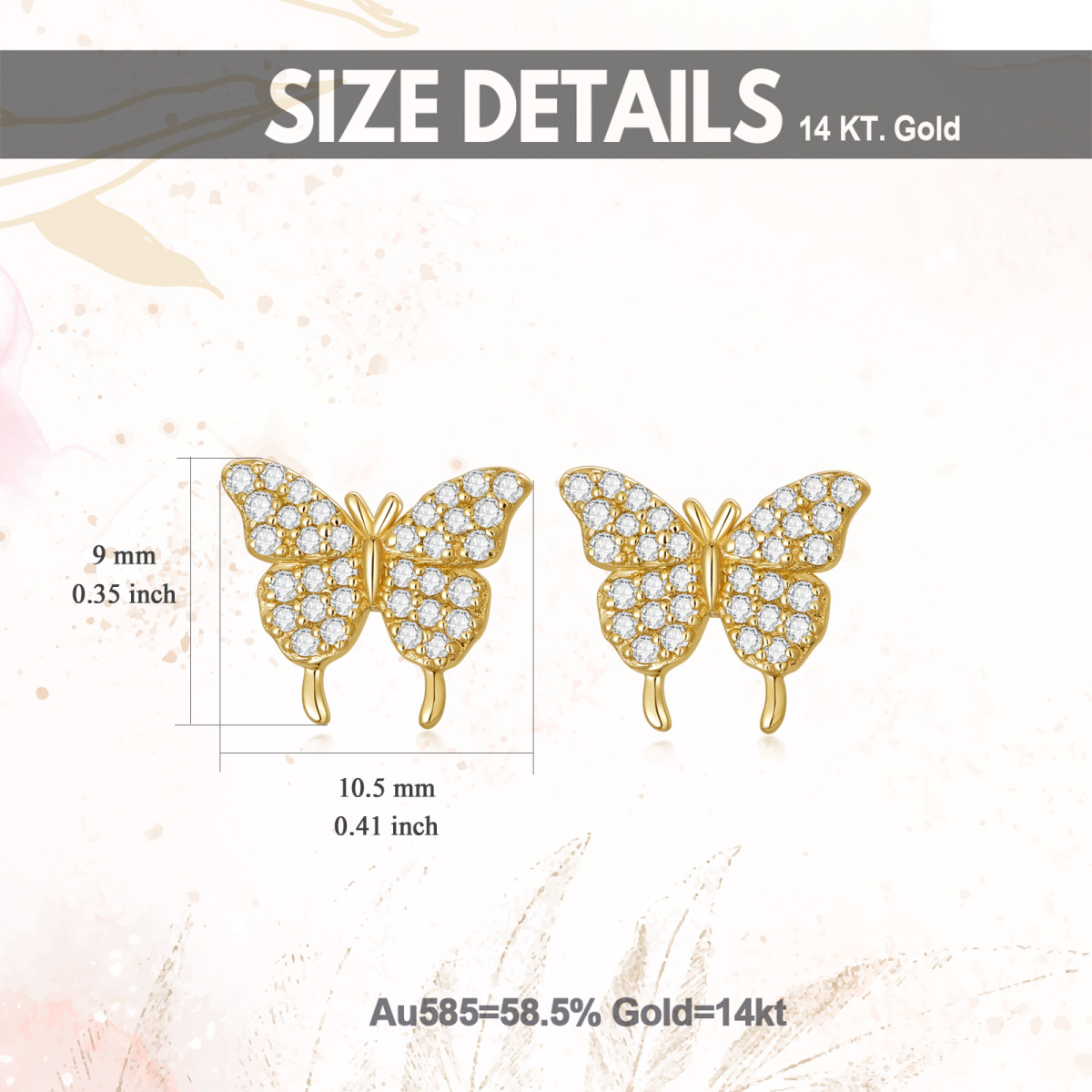 Pendientes de oro de 14 quilates con circonio redondo y mariposa-5