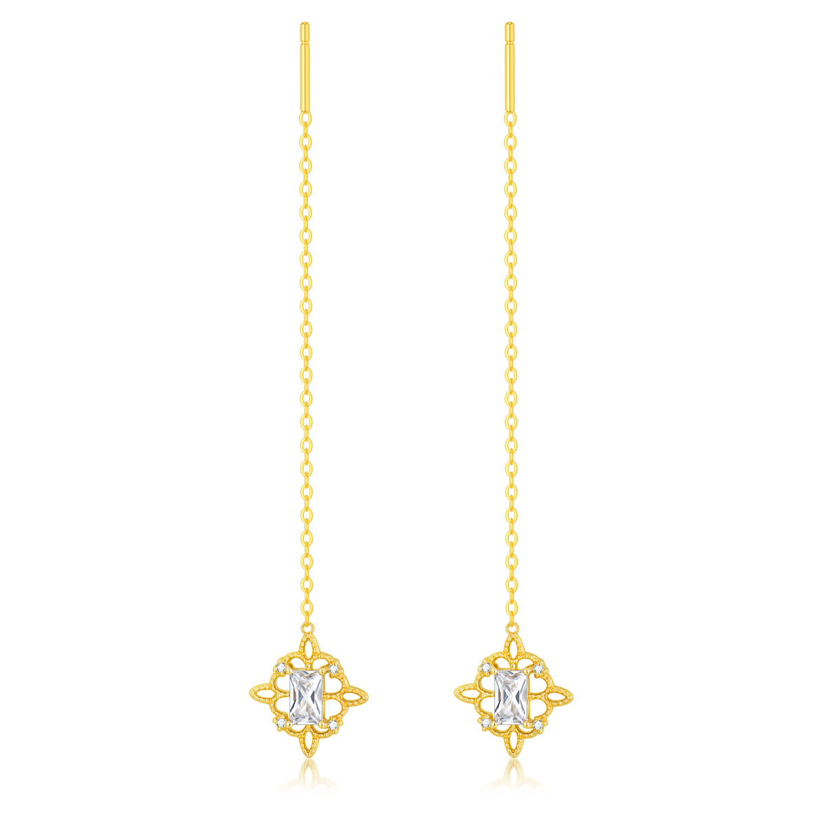 14K Gold Princess-square Shaped Cubic Zirconia Celtic Knot Drop Earrings-1