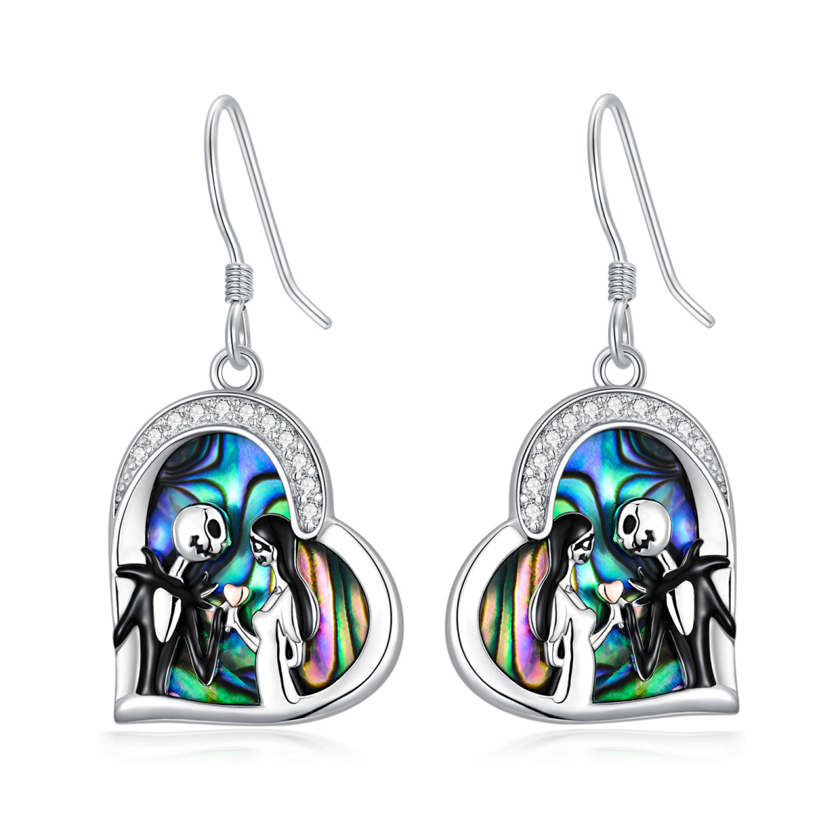 Sterling Silver Abalone Shellfish & Cubic Zirconia Heart Drop Earrings-1
