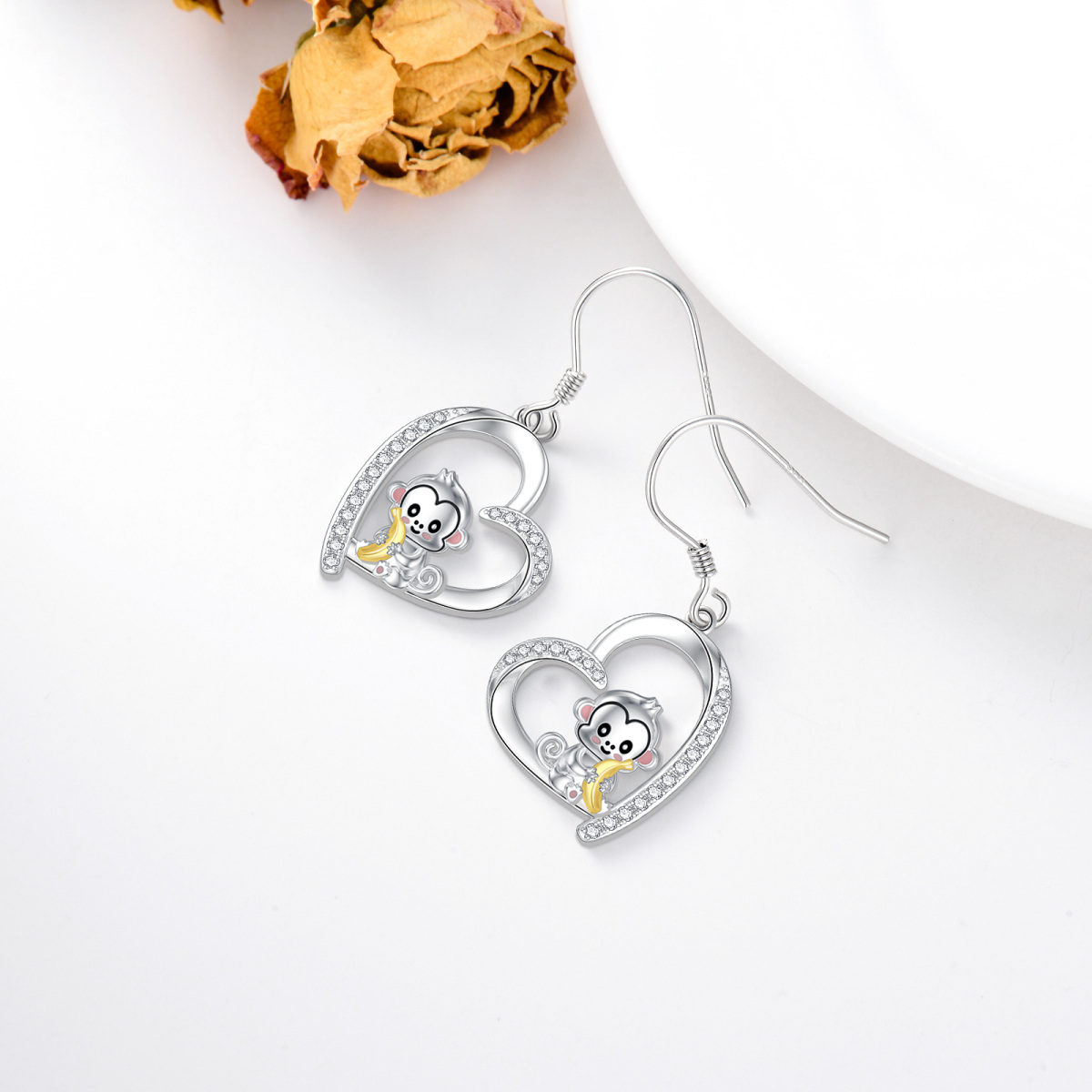 Sterling Silver Two-tone Circular Shaped Cubic Zirconia Monkey & Heart Drop Earrings-5