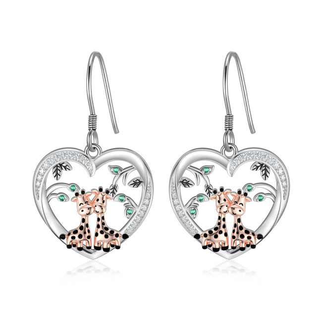 Sterling Silver Circular Shaped Cubic Zirconia Giraffe Drop Earrings-0