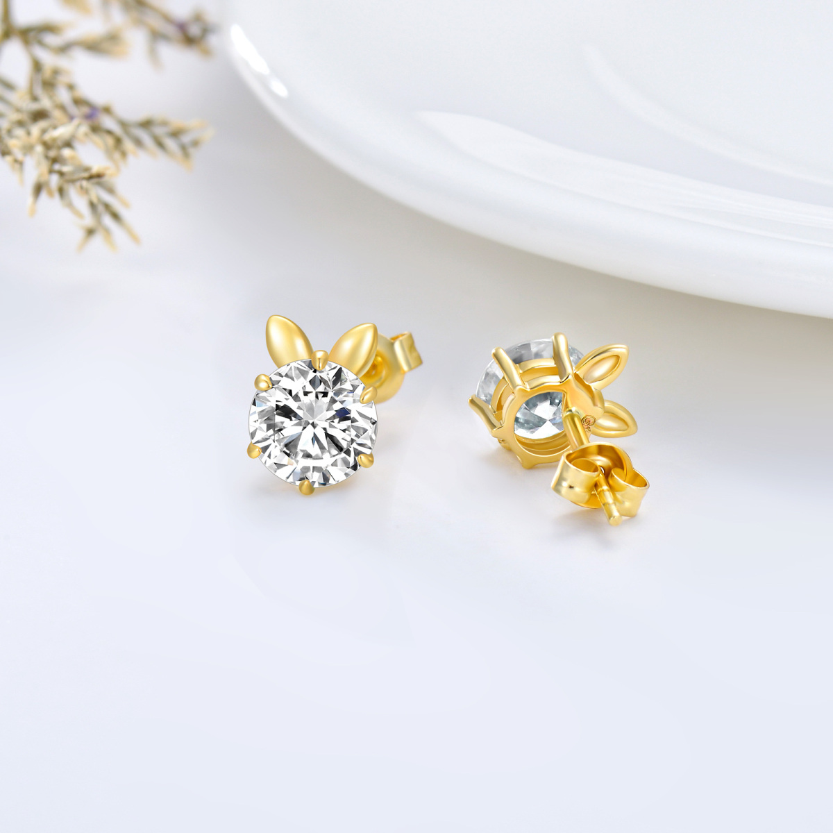 14K Gold Circular Shaped Moissanite Rabbit Stud Earrings-4