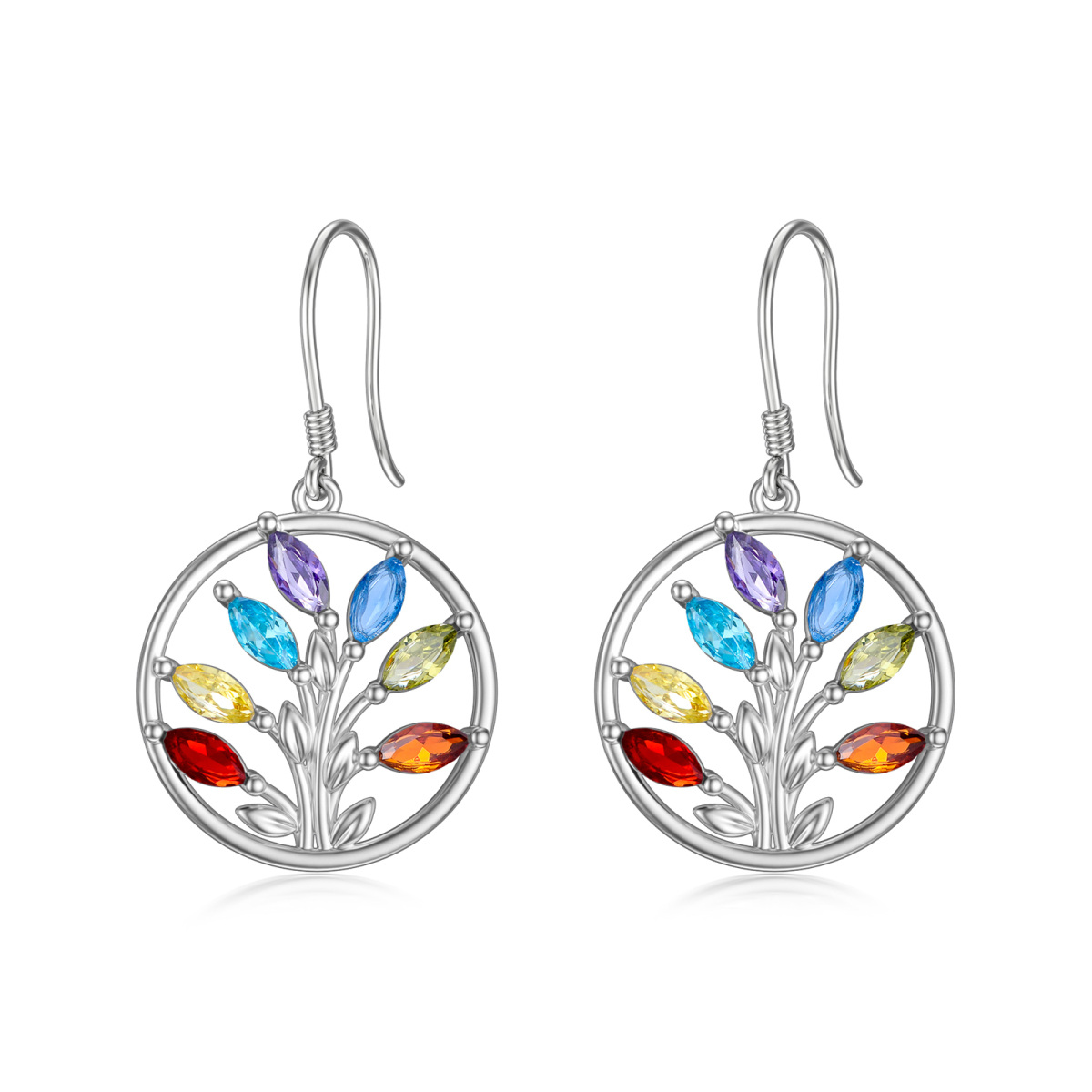 Sterling Silver Marquise Shaped Cubic Zirconia Tree Of Life Drop Earrings-1