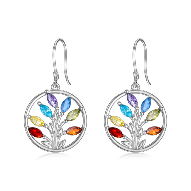 Sterling Silver Marquise Shaped Cubic Zirconia Tree Of Life Drop Earrings-0