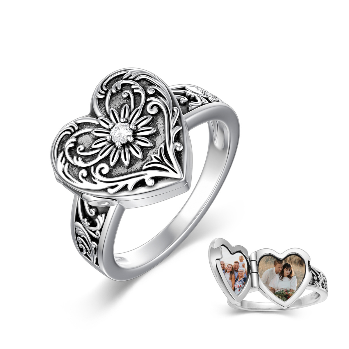 Sterling Silver Circular Shaped Cubic Zirconia Sunflower & Heart Signet Ring-1