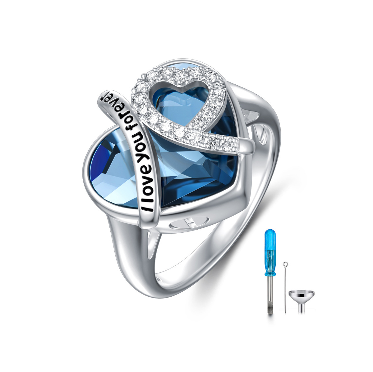 Sterling Silber Blau Kristall Herz Urne Ring eingraviert Ich liebe dich für immer-1