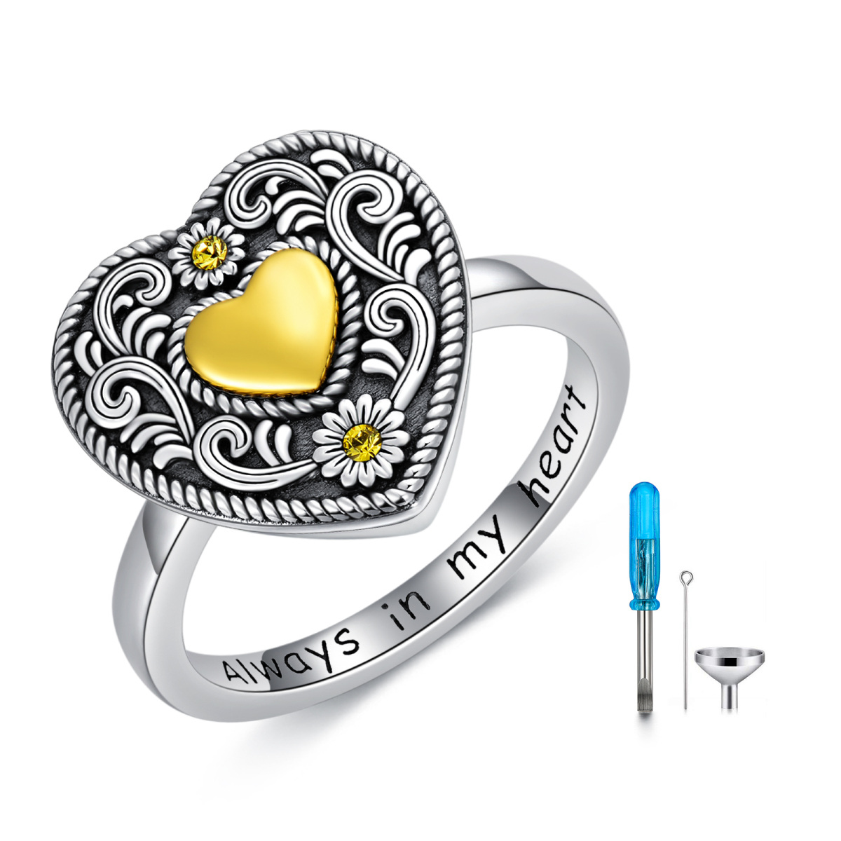 Sterling Silber Dreifarbig kreisförmig Kristall Sonnenblume & Herz Urne Ring mit eingravie-1