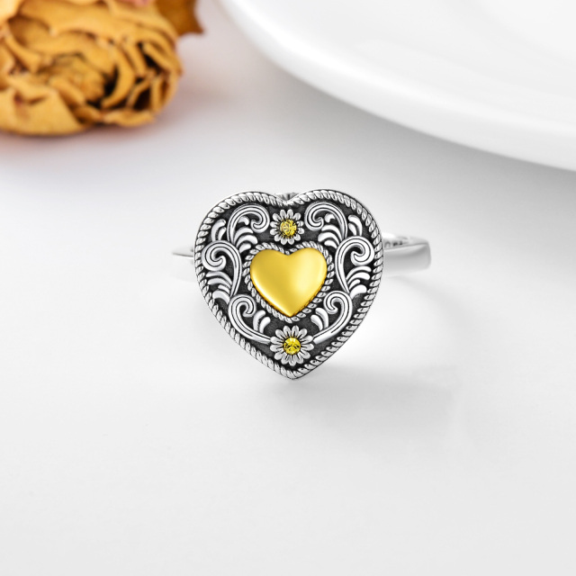 Prata esterlina Tri-tone Circular Shaped Crystal Sunflower & Heart Urn Ring com palavra gr-3
