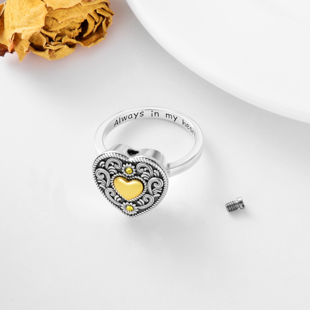 Sterling Silver Tri-tone Circular Shaped Crystal Sunflower & Heart Urn Ring with Engraved Word-4