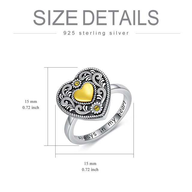 Sterling Silver Tri-tone Circular Shaped Crystal Sunflower & Heart Urn Ring with Engraved Word-2